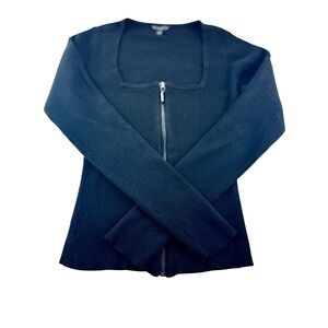 GUESS‎ Ribbed Knit Zip Up Square Neck Long Sleeve Sweater Black Women's L